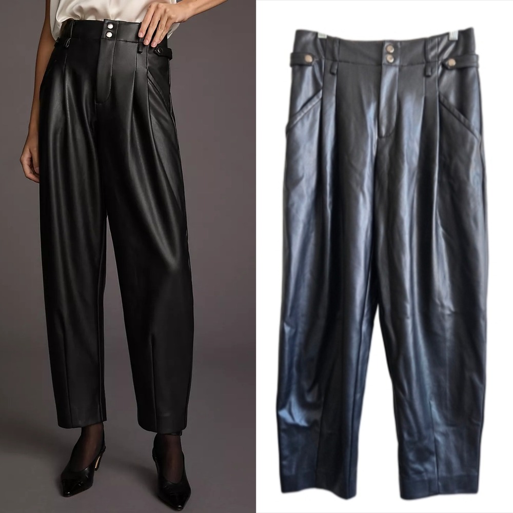 Maeve 4 Faux Leather Trousers Women Black Excellent High Rise Pleated Tapered